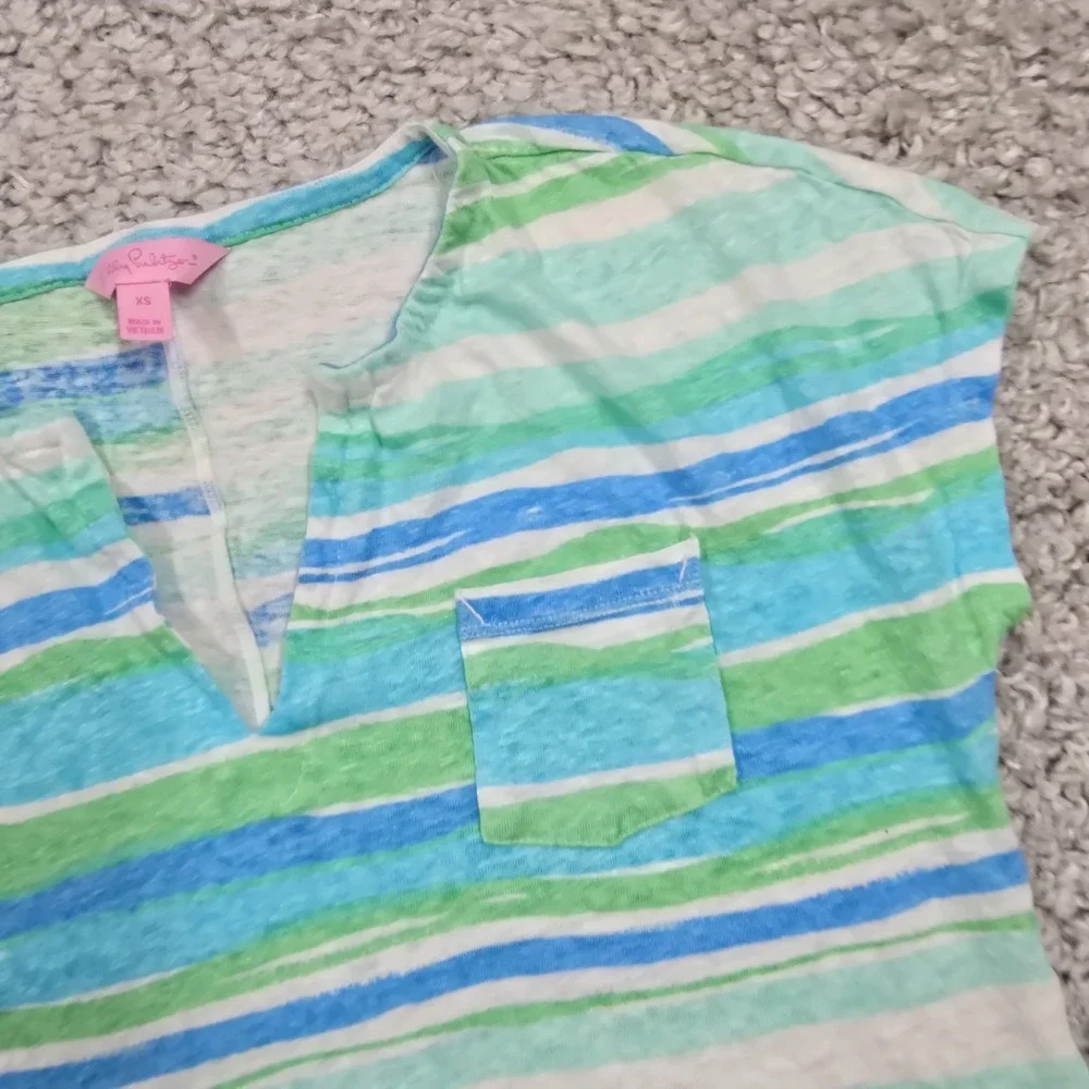 Lilly Pulitzer Women Linen Split Neck Top Size XS Striped Coastal Preppy - Picture 3 of 9